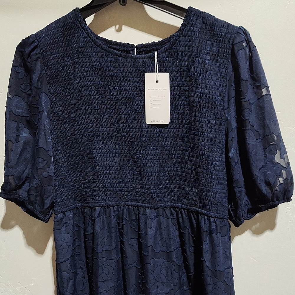 Elegant Navy Blue Dress with Floral Texture,XXL, New
